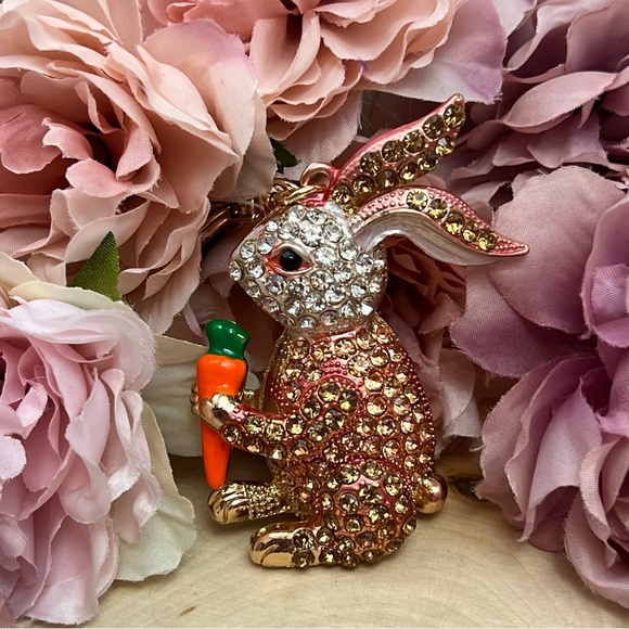 Champagne and Silver Crystal Bunny Rabbit with Carrot Keychain Charm - Picture 8 of 16